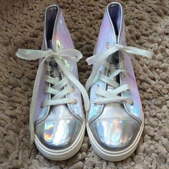 The Children's Place‎ size 5 high top iridescent sequin lace up tennis shoe - Picture 1 of 6